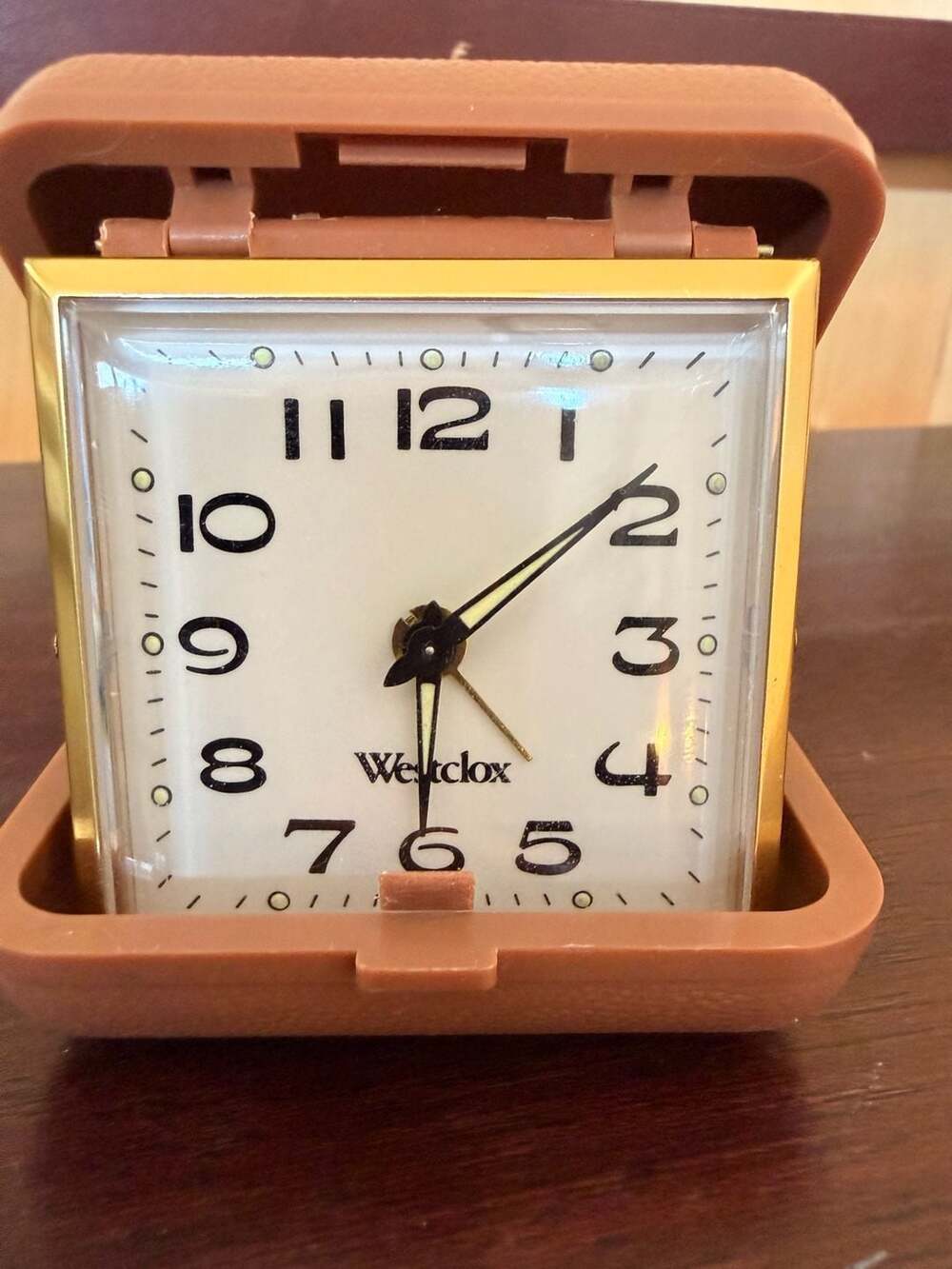 Westclox Vintage Mechanical Wind Up Folding Travel Alarm Clock Tan Case